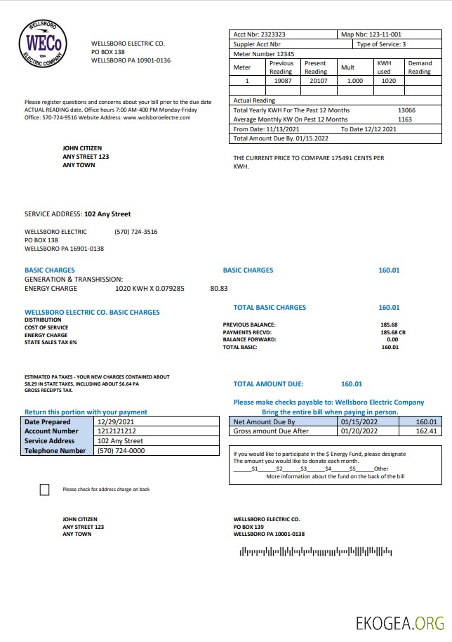 USA Pennsylvania Wellsboro Electric utility bill template in Word and PDF format